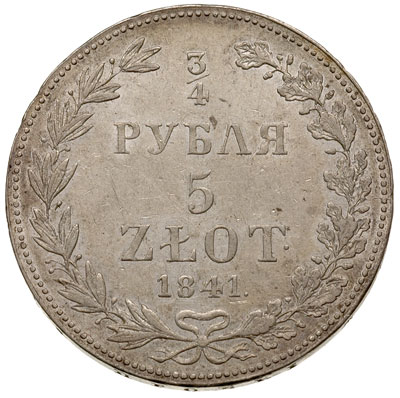 3/4 rubla = 5 złotych 1841, Warszawa, odmiana bez kropki po wyrazie РУБЛЯ, Plage 369, Bitkin 1150, ładnie zachowane