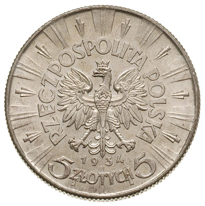 5 złotych 1934, Warszawa, Józef Piłsudski, Parchimowicz 118a, pięknie zachowane