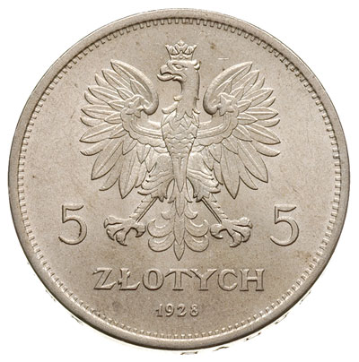 5 złotych 1928, Warszawa, Nike, Parchimowicz 114a, piękne