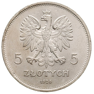5 złotych 1928, Warszawa, Nike, Parchimowicz 114a, bardzo ładne