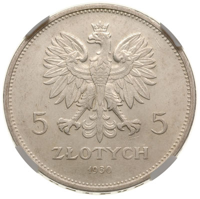 5 złotych 1930, Warszawa, Nike, Parchimowicz 114c, moneta w pudełku NGC z certyfikatem AU 53, rzadkie