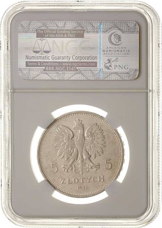 5 złotych 1930, Warszawa, Nike, Parchimowicz 114c, moneta w pudełku NGC z certyfikatem AU 53, rzadkie