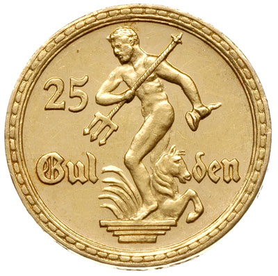 25 guldenów 1923, Berlin, Posąg Neptuna, złoto 7,97 g, Parchimowicz 70a, moneta wybita stemplem zwykłym, bardzo rzadka i ładnie zachowana, duże lustro mennicze