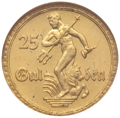 25 guldenów 1930, Berlin, Posąg Neptuna, Parchimowicz 71, moneta w pudełku NGC z certyfikatem MS 65, pięknie zachowane z dużym lustrem menniczym i rzadkie, patyna