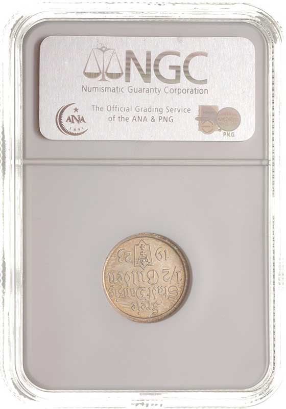 1/2 guldena 1923, Koga, Utrecht, Parchimowicz 59c, moneta wybita stemplem lustrzanym w pudełku NGC z certyfikatem PF 61