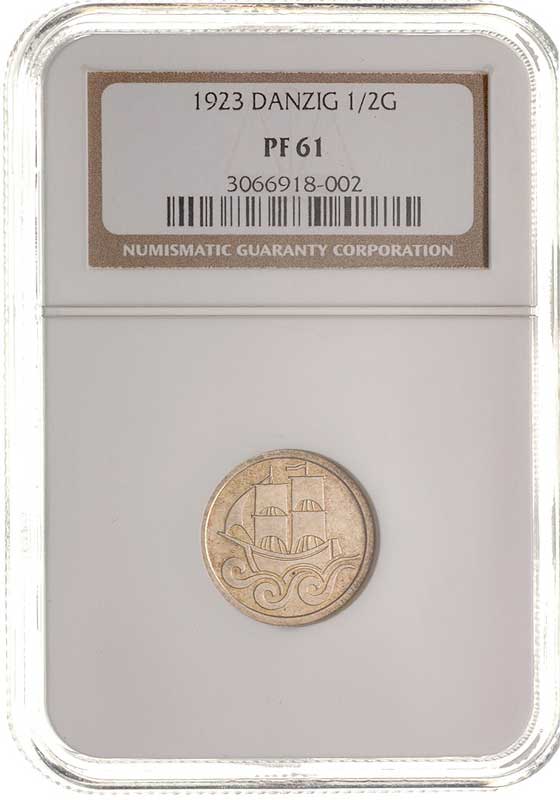 1/2 guldena 1923, Koga, Utrecht, Parchimowicz 59c, moneta wybita stemplem lustrzanym w pudełku NGC z certyfikatem PF 61