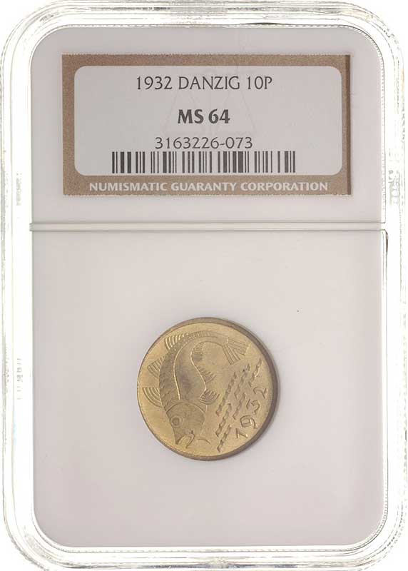 10 fenigów 1932, Berlin, Dorsz, Parchimowicz 58, moneta w pudełku PNGC z certyfikatem MS 64, piękne, patyna
