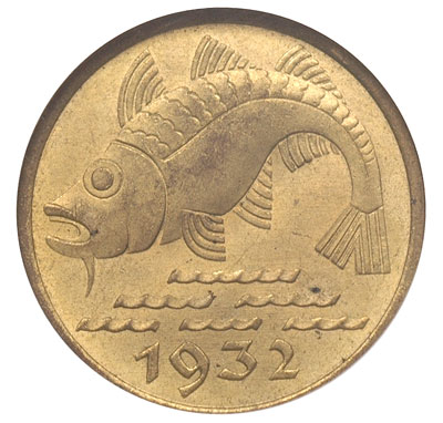 10 fenigów 1932, Berlin, Dorsz, Parchimowicz 58, moneta w pudełku PNGC z certyfikatem MS 64, piękne, patyna
