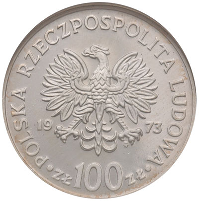 100 złotych 1973, Mikołaj Kopernik, mała głowa, na rewersie wypukły napis PRÓBA, srebro, moneta w pudełku NGC z certyfikatem PF 68 Ultra Cameo, awers obrócony do rewersu o 180 stopni, nakład nieznany