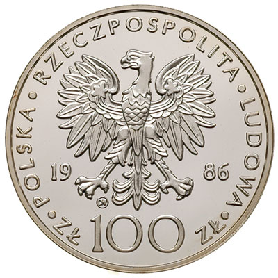 100 złotych 1986, Szwajcaria, Jan Paweł II, na rewersie wypukły napis PRÓBA, srebro 14.20 g, Parchimowicz P530.a, nakład ok 6 sztuk, moneta wybita stemplem zwykłym, rzadkie