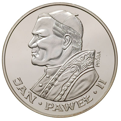 100 złotych 1986, Szwajcaria, Jan Paweł II, na rewersie wypukły napis PRÓBA, srebro 14.20 g, Parchimowicz P530.a, nakład ok 6 sztuk, moneta wybita stemplem zwykłym, rzadkie