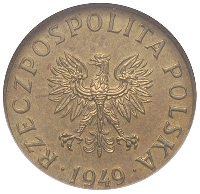 2 grosze 1949, Warszawa, na rewersie wklęsły napis PRÓBA, mosiądz, Parchimowicz P202.b, wybito 100 sztuk, moneta w pudełku NGC z certyfikatem MS 63, rzadkie