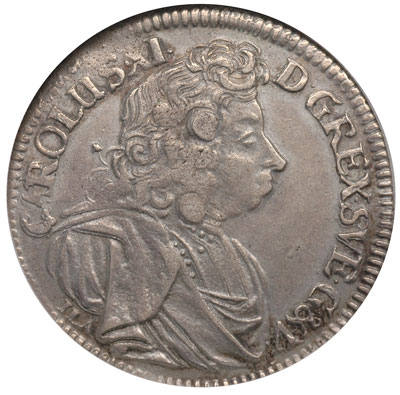 2/3 talara (gulden) 1690, Szczecin, odmiana napisu CAROLUS XI daleko zachodzi nad głowę, AAJ 114.b, Dav. 767, moneta w pudełku NNC z certyfikatem XF 45