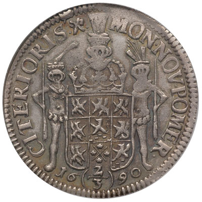 2/3 talara (gulden) 1690, Szczecin, odmiana napisu CAROLUS XI daleko zachodzi nad głowę, AAJ 114.b, Dav. 767, moneta w pudełku NNC z certyfikatem XF 45