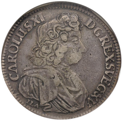 2/3 talara (gulden) 1690, Szczecin, odmiana napisu CAROLUS XI niewiele zachodzi nad głowę, AAJ 114.b, Dav. 767, moneta w pudełku NNC z certyfikatem XF 45