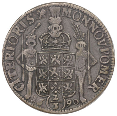 2/3 talara (gulden) 1690, Szczecin, odmiana napisu CAROLUS XI niewiele zachodzi nad głowę, AAJ 114.b, Dav. 767, moneta w pudełku NNC z certyfikatem XF 45