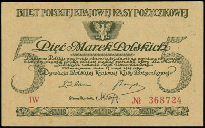 5 marek polskich 17.05.1919, seria IW, numeracja 368724, Miłczak 20c, Lucow 330 (R2)