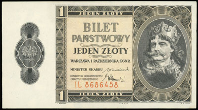 1 złoty 1.10.1938, seria IL, numeracja 8686458, Miłczak 78b, Lucow 719 (R3), wyśmienity egzemplarz
