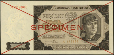500 złotych 1.07.1948, seria A, numeracja 789000 / 123456, po obu stronach dwukrotnie przekreślony i nadruk \SPECIMEN\" w kolorze czerwonym