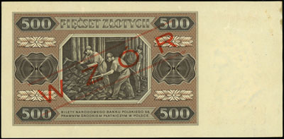 500 złotych 1.07.1948, seria AY, numeracja 0000004, po obu stronach ukośny czerwony nadruk \WZÓR, Miłczak 140c