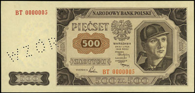 500 złotych 1.07.1948, seria BT, numeracja 0000005, ukośny perforowany napis \WZÓR\" na marginesie