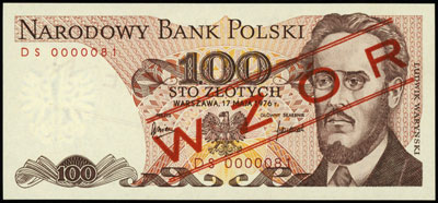 100 złotych 17.05.1976, seria DS, numeracja 0000