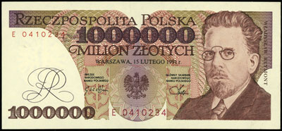 1.000.000 złotych 15.02.1991, seria E, numeracja 0410234, Miłczak 189