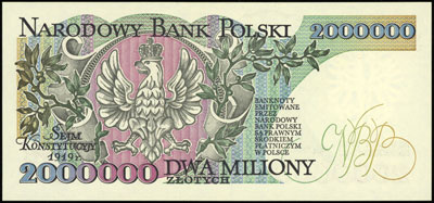 2.000.000 złotych 14.08.1992, seria A, numeracja 1053305, banknot z błędem \SEJM KONSTYTUCYJY\" na stronie odwrotnej