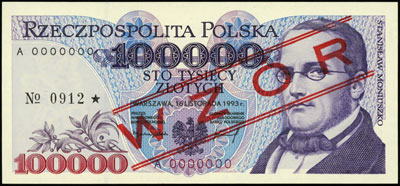 100.000 złotych 16.11.1993, A 0000000, wzór nr 0