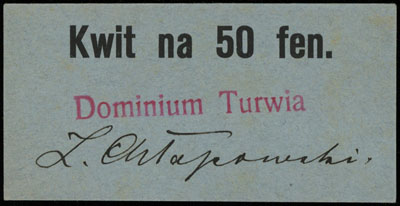 Dominium Turwia - zestaw kwitów na 50 fenigów i 1 markę, Jabłoński 3542 i 3543, egzemplarze z 37. aukcji WCN, razem 2 sztuki