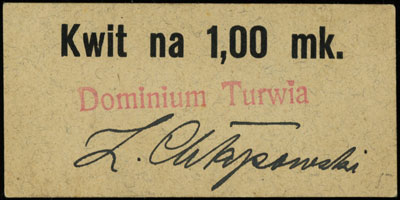 Dominium Turwia - zestaw kwitów na 50 fenigów i 1 markę, Jabłoński 3542 i 3543, egzemplarze z 37. aukcji WCN, razem 2 sztuki