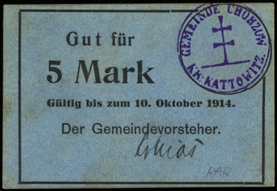 Chorzów /Chorzow/,bon na 5 marek, ważne do 10.10.1914, z pieczęcią gminy, Keller 61.b