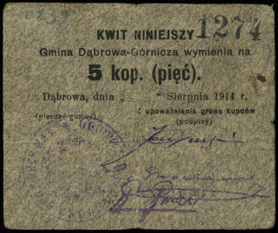 Dąbrowa Górnicza, Gmina, bon na 5 kopiejek, sierpień 1914, numeracja 1274, Podczaski R-069.A.1, podklejki na odwrocie