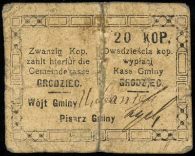 Grodziec, Kasa Gminy, bon na 20 kopiejek (1914-1916), Podczaski R-107.D.3, sklejone przerwanie, rzadkie