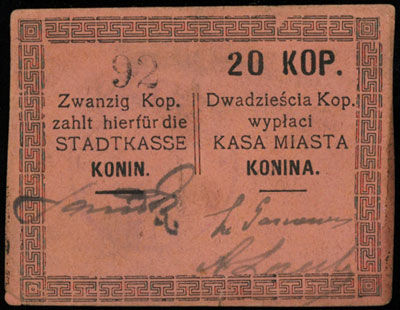 Konin, Kasa Miasta, bon na 20 kopiejek /1914/, n