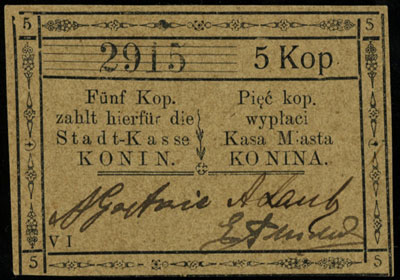 Konin, Kasa miasta, bon na 5 i 10 kopiejek (1914), numeracja 2915 i 2034, Podczaski R-150.G.1.c i R-150.G.2.b, łącznie 2 sztuki, pięknie zachowane i rzadkie
