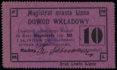 Lipno, Magistrat Miasta, bony na 10 i 20 kopiejek, bez daty (1915/1916), Podczaski R-172.B.2- ale nie notuje tej odmiany i R-172.B.3.c, łącznie 2 sztuki