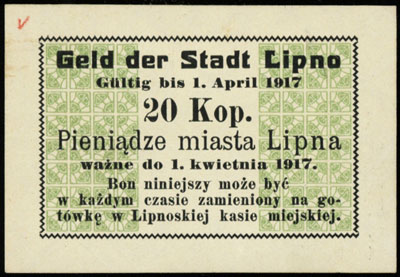 Lipno, Miasto, 20 i 50 kopiejek (1916), ważne do 1.04.1917, Podczaski R-172.C.3 i R-172.C.4, łącznie 2 sztuki, ładnie zachowane i rzadkie