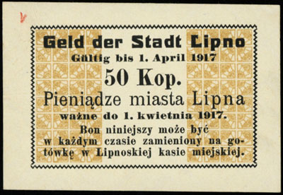 Lipno, Miasto, 20 i 50 kopiejek (1916), ważne do 1.04.1917, Podczaski R-172.C.3 i R-172.C.4, łącznie 2 sztuki, ładnie zachowane i rzadkie