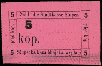 Słupca, Słupecka Kasa Miejska, bony na 5 i 10 kopiejek (1914) oraz 5 kopiejek z 1.X.1914, Podczaski R-381.B.1.c, R-381.B.2.b i R-381.C.1.b, łącznie 3 sztuki