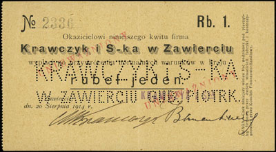 Zawiercie, Krawczyk i S-ka w Zawierciu, bon na 1 rubel z 20.08.1914, numeracja 2336, stemple \UNIEWAŻNIONY, Podczaski R-503.5.c,"II,1