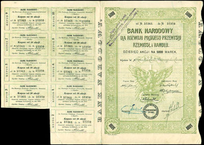 Bank Narodowy dla Rozwoju Polskiego Przemysłu Rzemiosł i Handlu Spółka Akcyjna, 10 akcji imiennych na 5.000 marek (1921 r.), z wyciętym 1 kuponem, pozostało 9 kuponów, Niegrzyb. I-E-34, rzadka