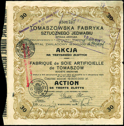 Tomaszowska Fabryka Sztucznego Jedwabiu Spółka Akcyjna, akcja na 30 złotych, Warszawa 1927 r, dołączony talon z dwoma kuponami, Niegrzyb. IX-D-7