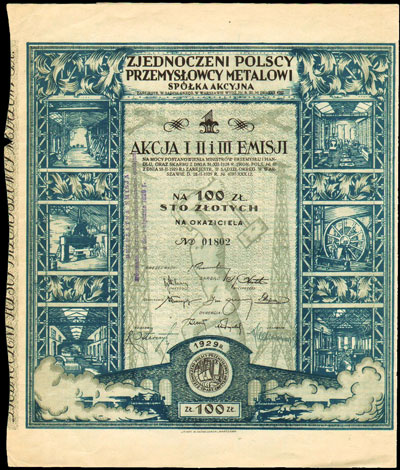 Zjednoczeni Polscy Przemysłowcy Metalowi Spółka Akcyjna, 1 akcja I, II i III emisji na 100 złotych, 1929, z kompletem kuponów, Niegrzyb. VI-A-1