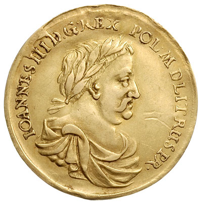 Jan III Sobieski -niesygnowany medal koronacyjny 1676, Aw: Popiersie króla w prawo i napis wokoło IOANNES III D G REX POL M D LIT RUS PR, Rw: Pomiędzy dwoma gałązkami oliwnymi ukoronowana tarcza, powyżej napis VIREBIT, złoto 10.30 g, 35 mm, H-Cz. 2515 (R4), Racz, 198, rzadki