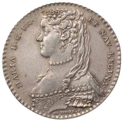 Maria Leszczyńska królowa Francji -żeton 1746 sygnowany DU VIVIER F, Aw: Popiersie w lewo, w otoku napis MARIA D G FR. ET NAV. REGINA, Rw: Dwie palmy, napis wokoło SPES JAM - CERTA FUTURI, w odcinku MAISON DE / LA REINE / 1746, srebro 7.33 g, 29 mm, H-Cz. 4788, patyna
