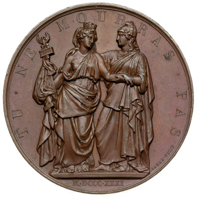 Bohaterskiej Polsce -medal autorstwa Barre’a 1831 r., wybity staraniem Komitetu Brukselskiego, Aw: Dwie postacie kobiece w strojach antycznych symbolizujące Polskę i Belgię, Rw: Napis poziomy A L’ HEROIQUE POLOGNE, u góry wieniec z gwiazdek, miedź 51 mm, H-Cz. 3831 (R4), patyna, na rewersie trochę nierównomierna