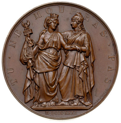 Bohaterskiej Polsce -medal autorstwa Barre’a 1831 r., wybity staraniem Komitetu Brukselskiego, Aw: Dwie postacie kobiece w strojach antycznych symbolizujące Polskę i Belgię, Rw: Napis poziomy A L’ HEROIQUE POLOGNE, u góry wieniec z gwiazdek, miedź 51 mm, H-Cz. 3831 (R4), patyna