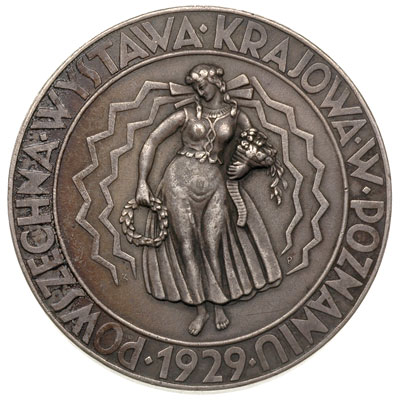 Powszechna Wystawa Krajowa w Poznaniu w 1929 r., sygnowany medal projektu Kazimiery Pajzderskiej, Aw: Stylizowana postać kobiety w stroju ludowym, w otoku napis POWSZECHNA WYSTAWA KRAJOWA W POZNANIU 1929, Rw: Stylizowany Orzeł państwowy z X na popiersiu,, niżej znak Mennicy, poniżej napis PRACY I ZASŁUDZE, brąz srebrzony 45 mm, Strzałkowski 629