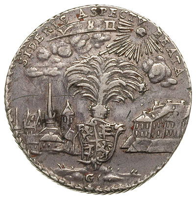 medal wybity w 1764 r. z okazji wizyty Katarzyny II w Kurlandii, Aw: Palma z tarczą herbową na tle Mitawy i napis SIDERIS ASPECTV - BEATA, Rw: Napis poziomy IN MEMORIAM / LAETITIAE..., srebro 4.52 g, 26 mm, H-Cz. 8615